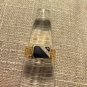 VTG gold tone & black enameled metal men's art deco style ring size 12